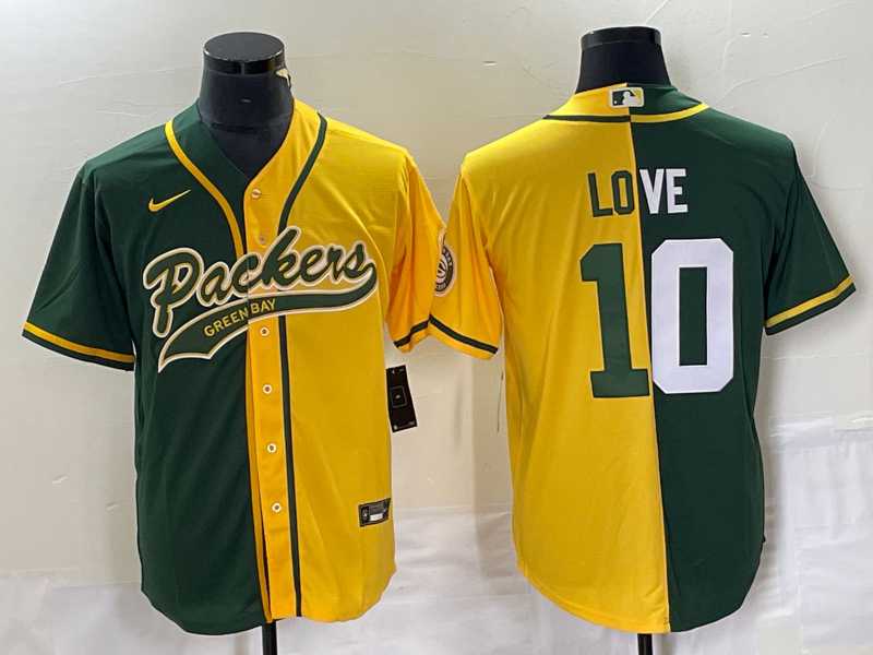 Men%27s Green Bay Packers #10 Jordan Love Green Yellow Split With Patch Cool Base Stitched Baseball Jersey